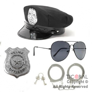 SET DISFRAZ POLICIA ECO SOMBRERO ANTEOJO PLACA ESPOSAS x 1